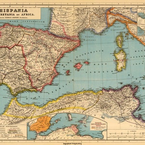 K&ouml;nnte beinhalten: Eine antike Karte von Hispanien, Mauretanien und Afrika, die die r&ouml;mischen Provinzen der Iberischen Halbinsel und Nordafrikas zeigt. Die Karte ist in Blaut&ouml;nen, Gr&uuml;n, Gelb und Rot gehalten, mit detaillierten Linien, die Fl&uuml;sse, Berge und Stra&szlig;en darstellen. Die Karte enth&auml;lt eine Legende mit den Namen der Provinzen und ihren entsprechenden Farben.
