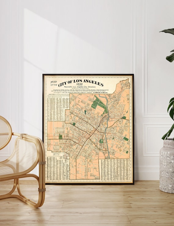 Map of Los Angeles, large wall map, housewarming decor, vintage city plan from 1897, old map reproduction