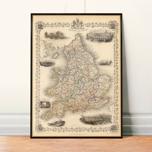 England and Wales map from 1851, wonderful piece of history, illustrations showing Oxford, London, Doncaster, Newcastle, decorative wall map