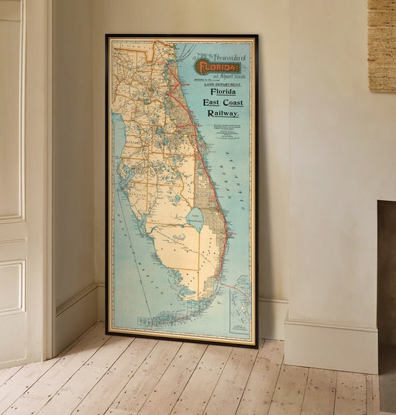 Old map of Florida, archival map print, Florida East Coast Railway, a wonderful vintage map reproduction, housewarming decor