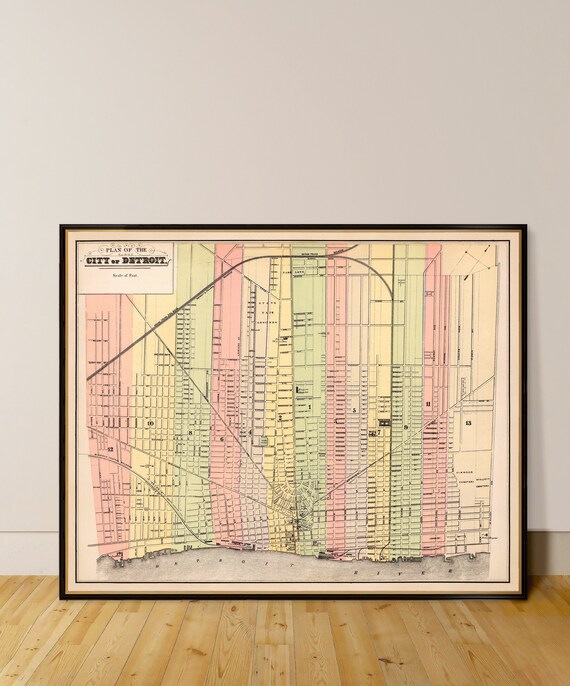 Detroit map, map of Detroit archival reproduction, old maps restored,