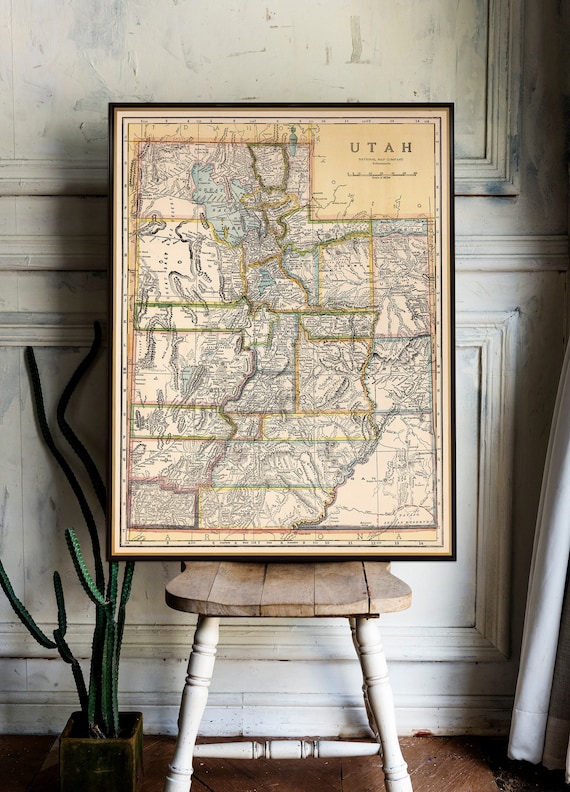 Utah map, old map by National Map Company, wall map restored, decorative map art