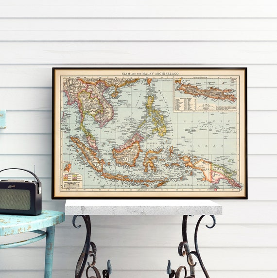 Old map of East Indies, Siam and The Malay Archipelago, vintage map wall decor, fine print reproduction