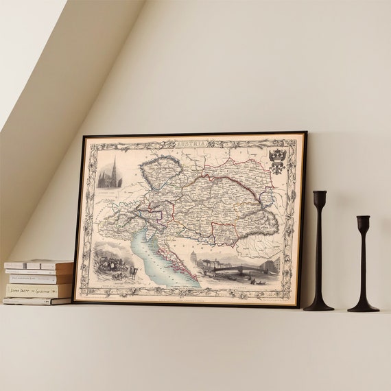 Austria old map,  decorative wall map with illustrations, art print