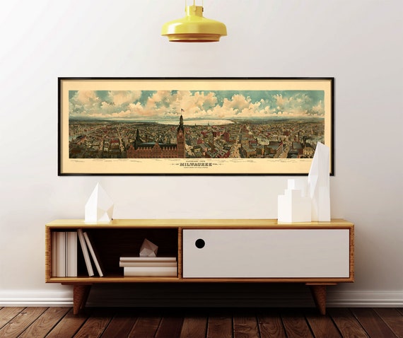 Milwaukee poster , panoramic view - Vintage panoramic map of  Milwaukee  - Large poster print on paper or canvas