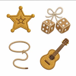 Puede incluir: Un conjunto de cuatro parches bordados que incluyen una estrella de sheriff dorada, un par de dados beige atados con un lazo de cuerda, un lazo de cuerda beige enrollado y una guitarra acústica marrón. Cada parche muestra costuras detalladas.