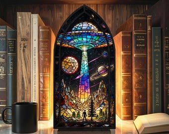 UFO Stained Glass Book Nook, Cosmic Window Lamp, Galaxy Night Light