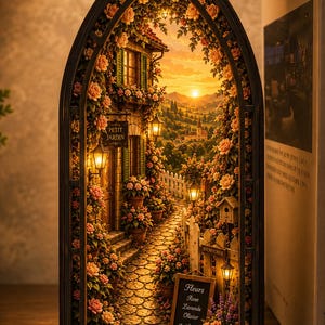 May include: A miniature garden scene with a stone path, flowers, and a small house, framed within an arched window. The scene includes a sign that reads "Petit Jardin" and "Fleurs Rose Lavande Olivier". The setting sun casts a warm glow.
