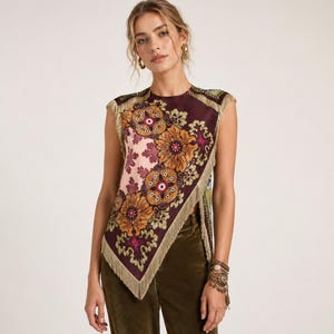 Boho Fringe Scraft Top, Floral Asymmetrical Blouse, Vintage Inspired Sleeveless Top, Western Chic Statement Shirt