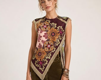 Boho Fringe Scarf Top, Floral Asymmetrical Blouse, Vintage Sleeveless Statement Shirt