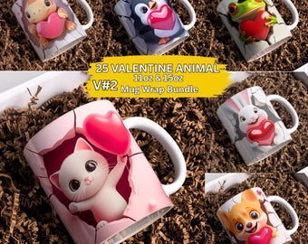 3D Animal Hole In A Wall Valentines Day Coffee 11oz & 15oz Mug Wrap PNG Bundle Sublimation Designs Template