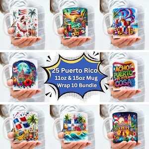 以下が含まれることがあります： 鮮やかなプエルトリコをテーマにしたデザインが施された、白いセラミックマグのコレクション。マグカップには、旗、風景、文化的な要素の画像が表示されています。画像には「25 Puerto Rico 11oz & 15oz Mug Wrap 10 Bundle」と「Acho Puerto Es Otra Cosa」と書かれています。