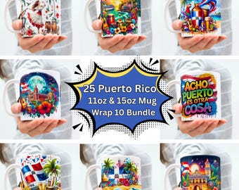 Puerto Rico Boricua Flag PNG 11oz & 15oz Mug Wrap 25 Bundle, PR Tumbler Wraps Instant Download