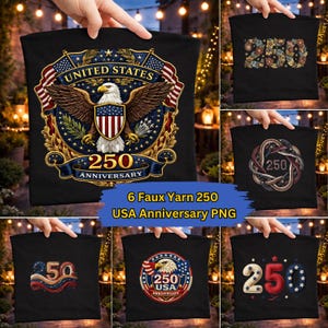 Może przedstawiać: Kolekcja czarnych koszulek z patriotycznymi wzorami. Wzory obejmują orła z napisem "United States 250 Anniversary", kwiatowe wzory "250" oraz inne wariacje "250" i "USA Anniversary".