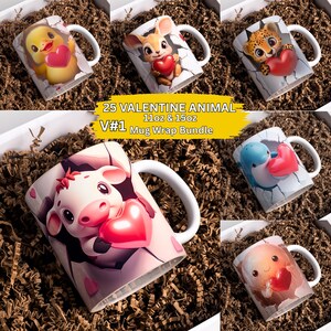 May include: A collection of white ceramic mugs featuring various Valentine's Day animal designs. Each mug showcases a different animal, such as a chick, deer, cheetah, dolphin, cow, and a small creature, all holding a red heart. The text "25 VALENTINE ANIMAL - 11oz & 15oz Mug Wrap Bundle" is also visible.