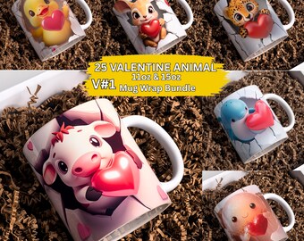 3D Animal Hole In A Wall Valentines Day Coffee 11oz & 15oz Mug Wrap PNG Bundle Sublimation Designs Template