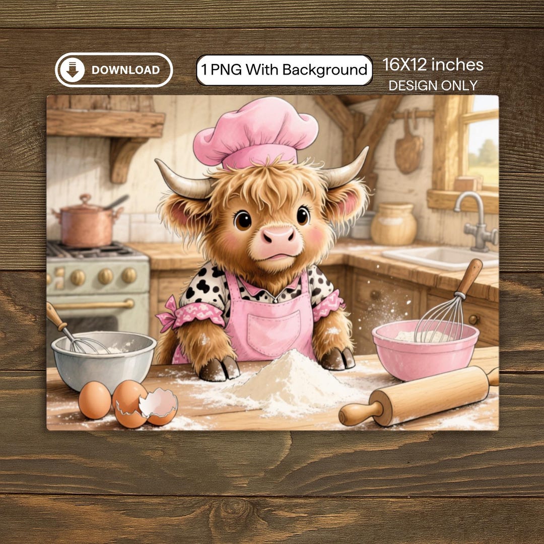Cute Highland Cow Chef 16x12 Cutting Board Sublimation Design PNG ...