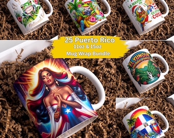 Puerto Rico Boricua Flag PNG 11oz & 15oz Mug Wrap 25 Bundle, PR Tumbler Wraps Instant Download
