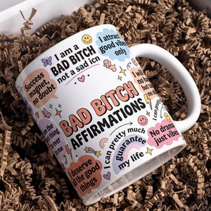 Bad Bitch Affirmations muggomslag PNG 11oz 15oz sublimeringsdesign rolig motiverande digital nedladdning
