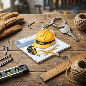 May include: A construction-themed keychain featuring a yellow hard hat with the name "NAME" on a black band, resting on a blueprint. A tape measure, pencils, and a key are also present, along with other construction tools on a wooden surface.