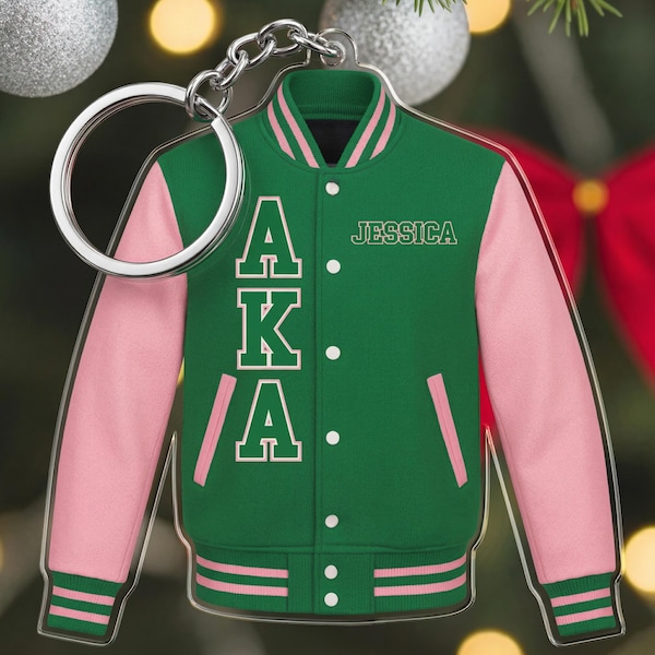 Personalized AKA Varsity Jacket Keychain Custom Name, Alpha Kappa Alpha Sorority Gift, AKA 1908 Keyring, Pink and Green Sorority Present