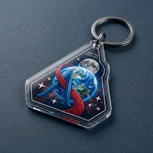 May include: A clear acrylic keychain featuring a space-themed design. The design includes a blue letter "A" with a red ribbon, a detailed Earth, a moon, and stars. The keychain has a silver keyring and the text "ORBITAL MISSIONS".