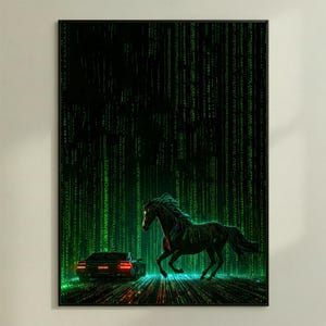 Matrix Style Horse and Car – Futuristic Code Rain – Digital Art Print