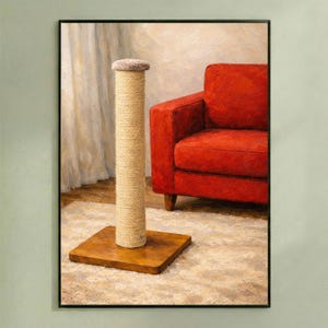 以下が含まれることがあります： ベージュのサイザル麻で包まれた柱と茶色の木製ベースを備えた猫用爪とぎ。 ポストの上部は、柔らかいライトブラウンの素材で覆われています。 背景には赤いソファとニュートラルなトーンのラグがあります。