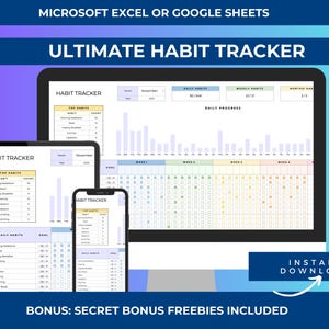 Puede incluir: Seguimiento digital de hábitos que se muestra en un monitor de ordenador, una tableta y un smartphone. El texto "ULTIMATE HABIT TRACKER" es prominente. La imagen incluye el texto "MICROSOFT EXCEL OR GOOGLE SHEETS" e "INSTANT DOWNLOAD". Se incluyen bonificaciones gratuitas.