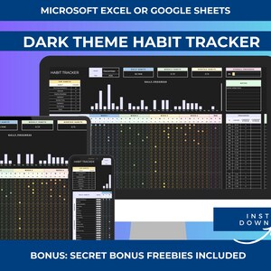 May include: A digital habit tracker displayed on a computer, tablet, and phone. The dark-themed spreadsheet shows daily progress, weekly habits, and overall progress. The text "DARK THEME HABIT TRACKER" is at the top. The image also includes the text "MICROSOFT EXCEL OR GOOGLE SHEETS".