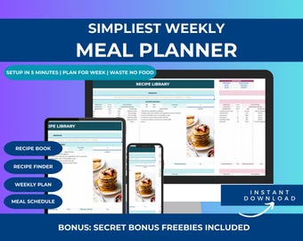 Weekly Meal Planner Google Sheet with Recipe Library – Simple Meal Prep & Grocery Planning Tool (Digital Download)