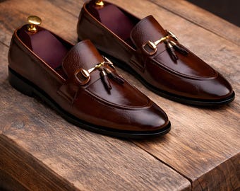 Handmade Leather Tassel Loafers: Men's Classic Slip-On Dress Shoes