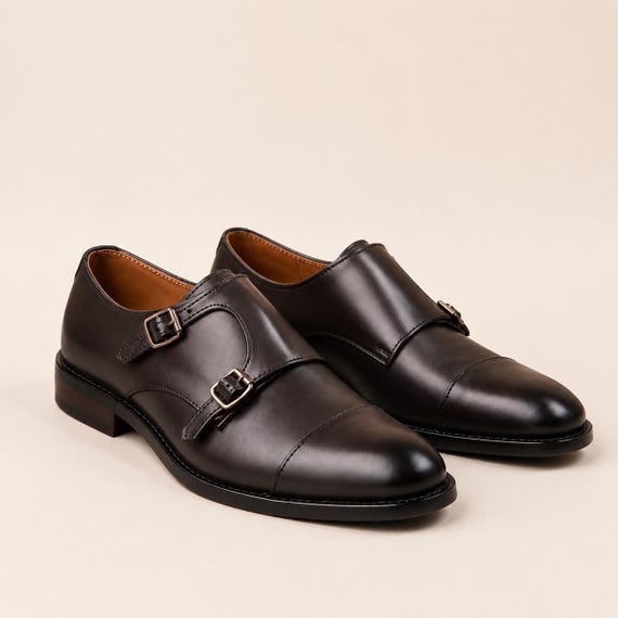 Handmade Men's Brown Leather Double Monk Strap Dress Shoes, Cap Toe Oxford Formal Shoes