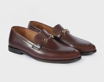 Handmade Men’s Brown Leather Horsebit Loafers – Classic Slip-On Dress Shoes for Office, Formal & Wedding
