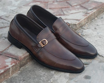 Handmade Men Brown Leather Horsebit Loafers Shoes | Luxury Monk Strap Slip On Dress Shoes