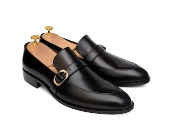 Handmade black Leather Monk Strap Shoes – Elegant Slip-On Dress Shoes