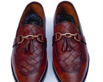 Handmade Burgundy Leather Tassel Loafers – Men’s Luxury Dress Shoes