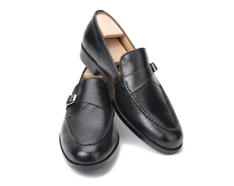 Black Leather Penny Loafers with Buckle Strap | Men's Handmade Formal Slip-On Dress Shoes