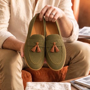 K&ouml;nnte beinhalten: Ein Paar olivgr&uuml;ne Wildleder-Slipper mit Mokassin-Zehenpartie und sichtbaren N&auml;hten. Jeder Schuh ist mit einem dekorativen braunen Lederquasten-Detail &uuml;ber dem Vorderblatt verziert und verf&uuml;gt &uuml;ber ein beiges Innenfutter.