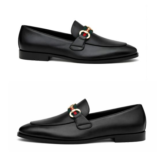 Black Leather Slip-On Loafers with Red/Green Stripe s-l400.jpg main image 4