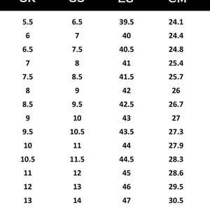 May include: A black and white size chart titled MEN'S SIZE CHART. The table displays numerical shoe size conversions across four columns labeled UK, US, EU, and CM, listing values from 5.5 to 14 for UK and 6.5 to 15 for US sizes.