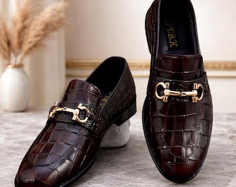 Handmade Luxury Brown Crocodile Leather Horsebit Loafers for Men – Formal Slip On Shoes