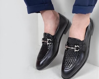 Handmade Men Black Leather Horsebit Loafers | Luxury Slip On Dress Shoes | Woven Leather Formal Office Shoes
