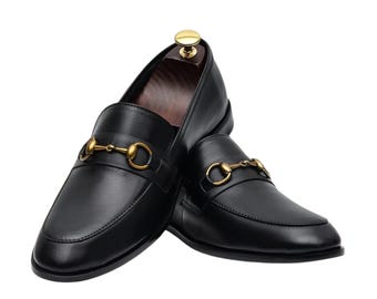 Handmade Black Leather Horsebit Loafers: Men’s Luxury Dress Shoes