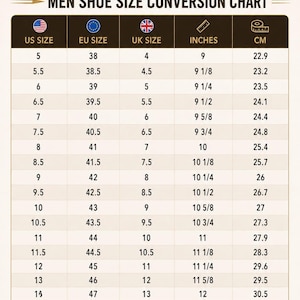 May include: A SHININGZONE handmade leather shoe size conversion chart for men. The table displays US, EU, and UK sizes alongside corresponding foot measurements in inches and centimeters, ranging from US size 5 to 15 and 9 to 12.25 inches.