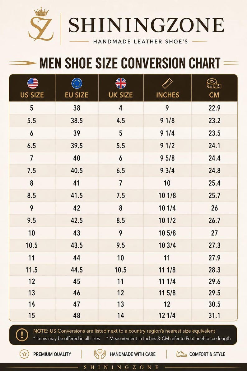 May include: A SHININGZONE handmade leather shoe size conversion chart for men. The table displays US, EU, and UK sizes alongside corresponding foot measurements in inches and centimeters, ranging from US size 5 to 15 and 9 to 12.25 inches.
