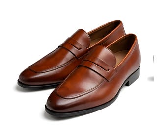 Handmade Brown Leather Penny Loafers, Men's Dress Shoes