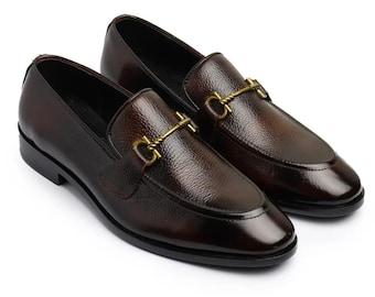 Handmade Dark Brown Leather Horsebit Loafers - Men's Formal Shoes