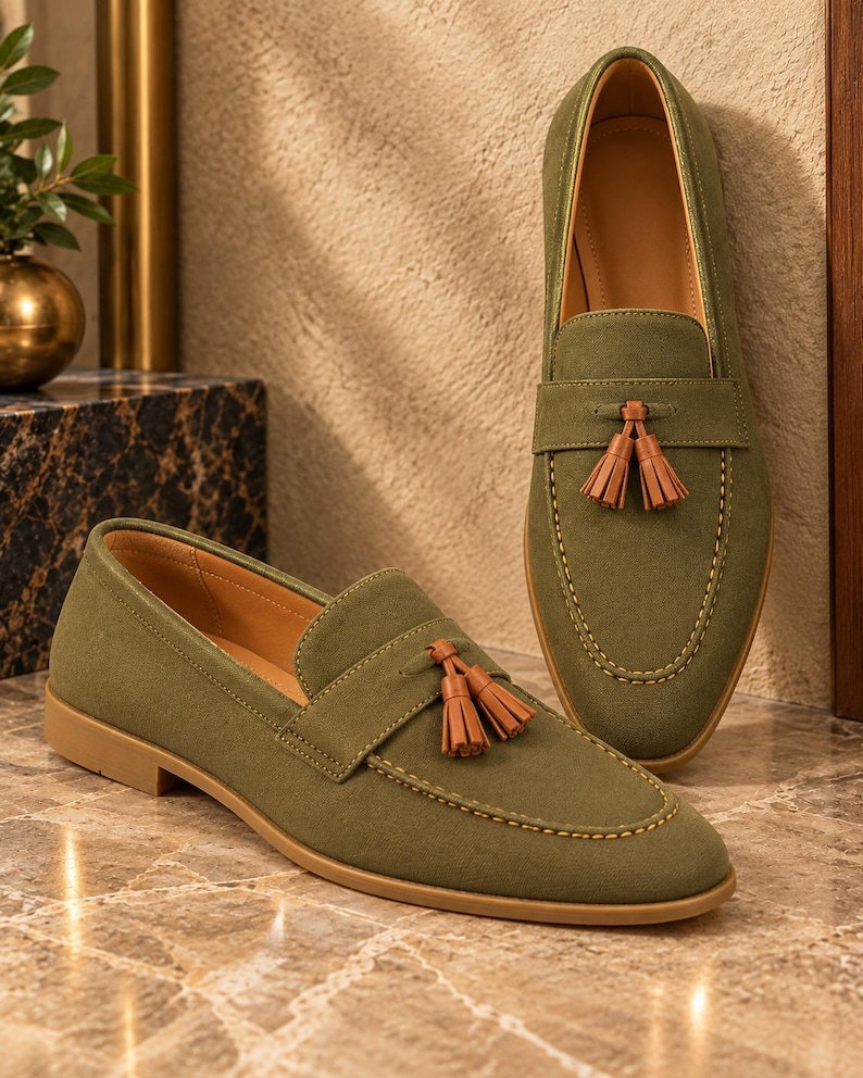 K&ouml;nnte beinhalten: Ein Paar olivgr&uuml;ne Slipper mit einem beigefarbenen Lederquasten-Detail auf dem Vorderblatt, einer mokassinartigen Ziernaht an der Schuhspitze und einer flachen beigefarbenen Sohle. Die Schuhe bestehen aus strukturiertem Stoff mit beigem Innenfutter.