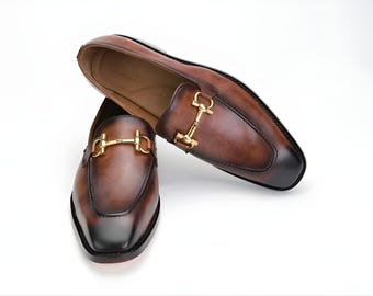 Handmade Men Brown Leather Horsebit Loafers | Luxury Slip On Dress Shoes